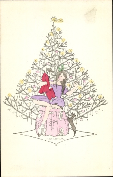 Artist PC Köhler, Mela, Merry Christmas, girl with doll, dog, Christmas tree