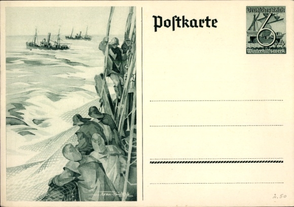 Postwaardestuk Ansichtkaart Axster Heudtlaß, vissers op volle zee, vissersboten