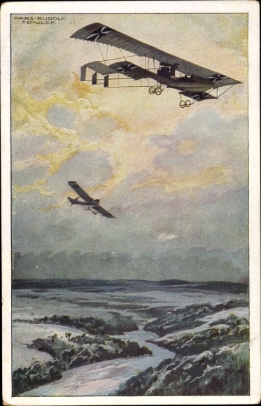 Artist PC Schulze, Hans Rudolf, military biplane on a reconnaissance trip over the Argonne Forest