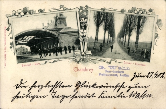 Postcard Chambrey Lorraine Moselle, border, train station