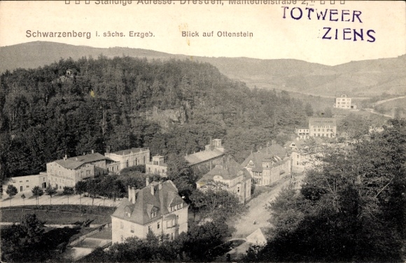 Postcard Schwarzenberg Saxon Ore Mountains, view from the mountain to Ottenstein