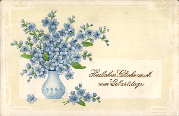 Embossed PC Happy Birthday, flower vase with forget-me-not