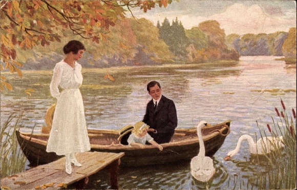 Artist Postcard Fischer, Paul, Clear September day, family, rowing boat, swans