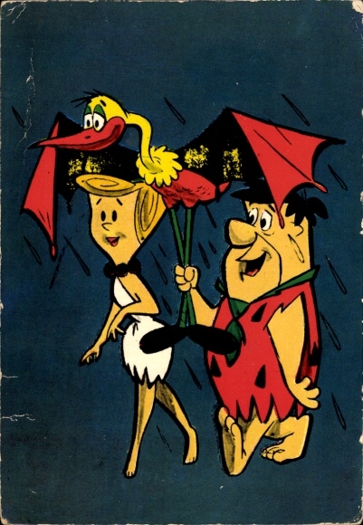 Postcard Fred and Wilma Feuerstein, pterodactyl as an umbrella