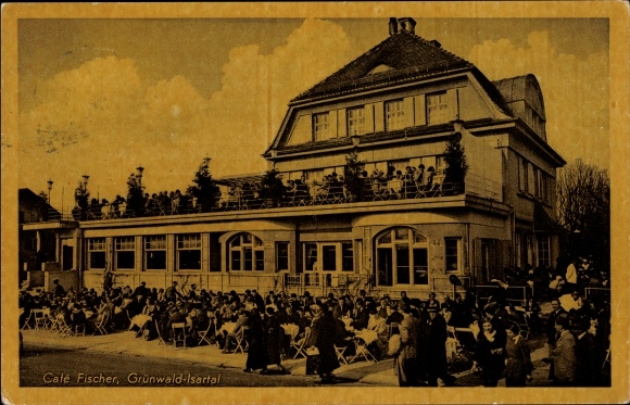 Postcard Grünwald in the district of Munich Upper Bavaria, Cafe Fischer, terrace