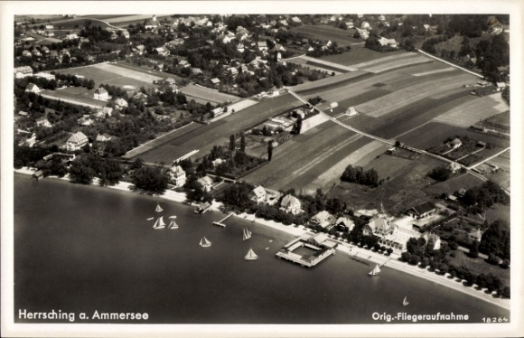 Postcard Herrsching am Ammersee, aerial photography, boat