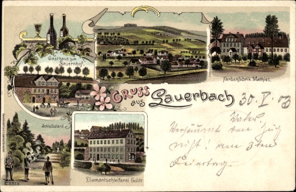 Litho Lauerbach Erbach Hessen, Gasthaus Bauernhof, Farbenfabrik Matthias, Diamantschleiferei Golde
