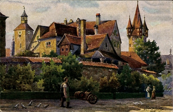 Artist Postcard Marschall, V., Lindau in Lake Constance Swabia, At the city wall