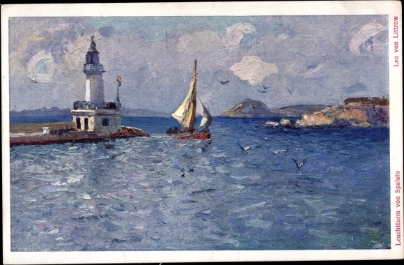 Artist PC Littrow, Leo von, Split Spalato Croatia, lighthouse, sailing boat