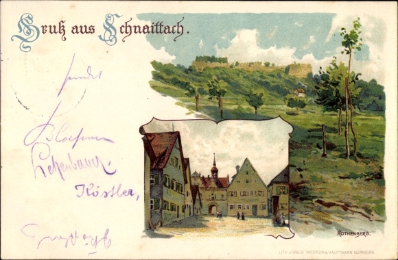 Litho Schnaittach im Nürnberger Land Bayern, Partie auf dem Marktplatz, Blick zur Veste Rothenberg