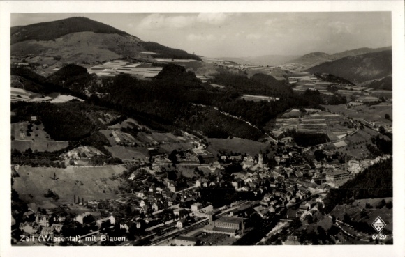 Postcard Zell im Wiesental, landscape photograph, several hills, agricultural use, village view