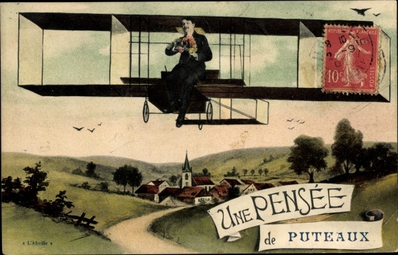 Ak Puteaux Hauts de Seine, Une Pensee, Flugzeug, Doppeldecker