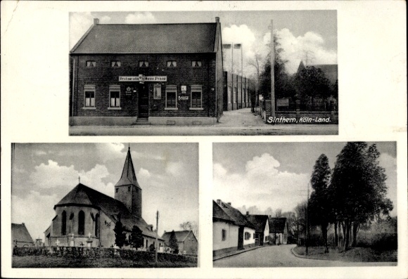 Postcard Sinthern Pulheim North Rhine Westphalia, inn, church, street view