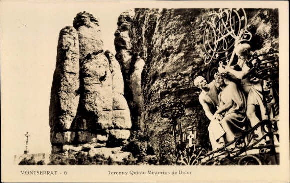 Postcard Montserrat Catalonia, rocks, statues, religious representations, Montserrat
