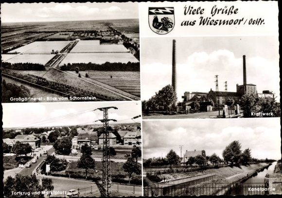 Postcard Wiesmoor in Ostfriesland, large gardening, power plant, peat pitcher and marketplace, canal section