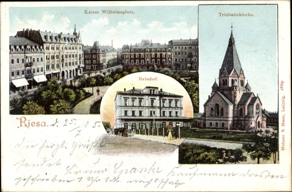 Ak Riesa an der Elbe Sachsen, Trinitatiskirche, Kaiser Wilhelmplatz, Bahnhof