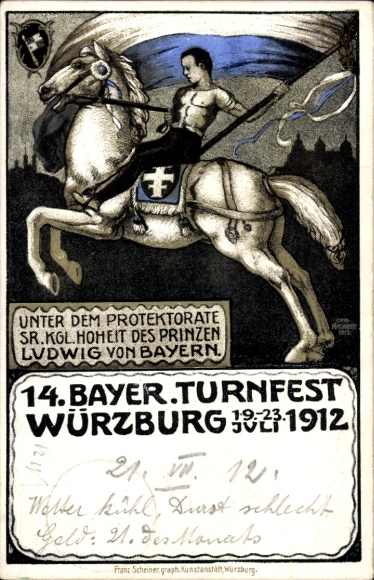 Ganzsachen Ak Würzburg am Main Unterfranken, 14. bayr. Turnfest 1912, Reiter
