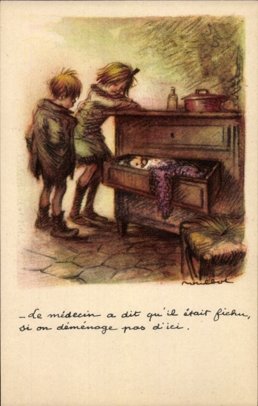 Artist Postcard Poulbot, Franciscque, Children, Baby sleeping in a drawer