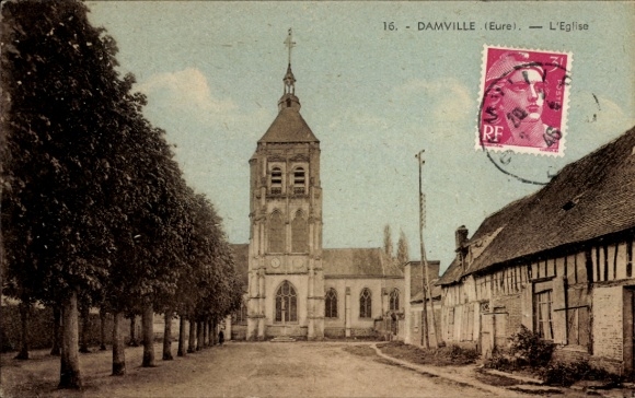 PC Damville Eure, church, trees, charming street, postmark, stamp
