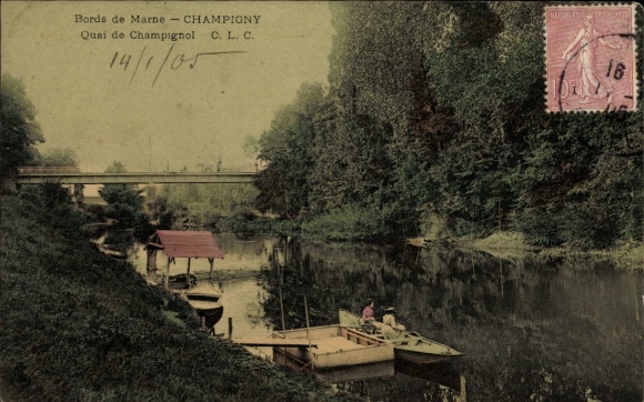 Ak Champigny sur Marne Val de Marne, Flusslandschaft, Boot, Brücke, Bäume, Poststempel, handschri
