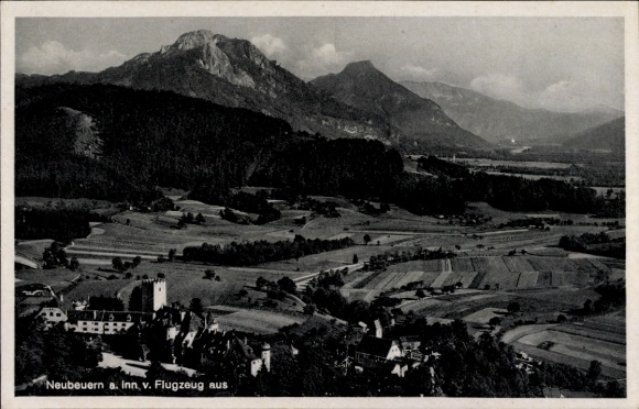Postcard Neubeuern in Upper Bavaria, Black Forest landscape, mountain panorama, aerial photograph