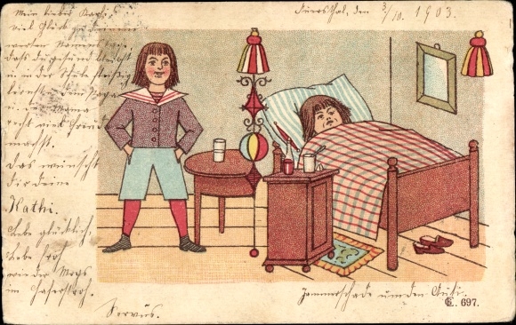 Chromo-Litho Sick child in bed, boy standing next to it, medicine, Max and Moritz ?