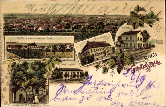 Litho Guntersblum am Rhein, Schloss, Bahnhof, Schuhaus, St Julianenbrunnen, Eichhaus, Kellerweg