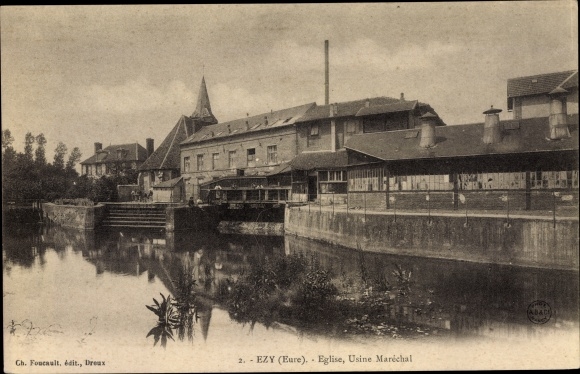 Postcard Ezy Eure, Church and Factory Marshal, quays