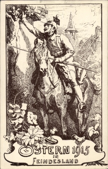 Artist Postcard Easter 1915 in enemy territory, soldier on a horse, Ulan