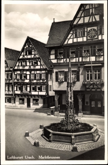 Postcard Bad Urach in the Swabian Jura, market fountain, half-timbered