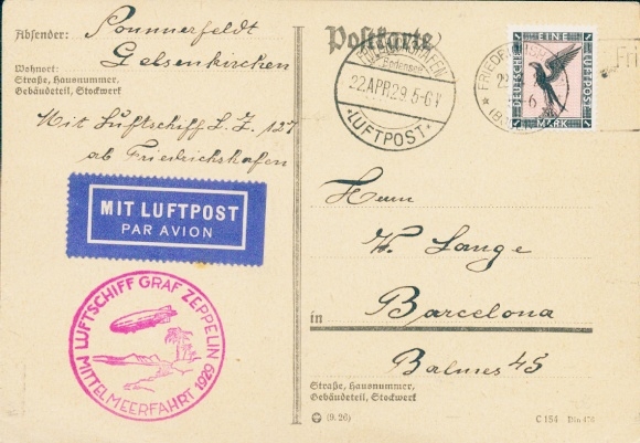 KP Wycieczka śródziemnomorska 23 kwietnia 1929, LZ 127 Graf Zeppelin, Friedrichshafen