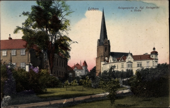 Ak Lützen im Burgenlandkreis, Anlagenpartie mit Königlichem Amtgericht und Kirche