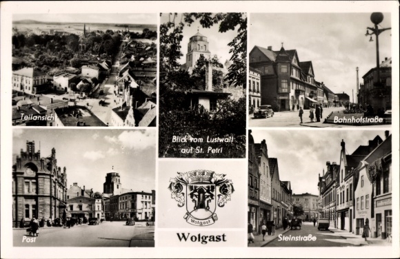 Postcard Wolgast in Mecklenburg Western Pomerania, partial view, view from Pleasure wall on St. Petri, post, coat of arms