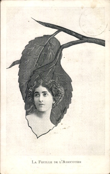 Kunstenaar Ak Sager, Xavier, vrouw, portret, abrikozenboomblad