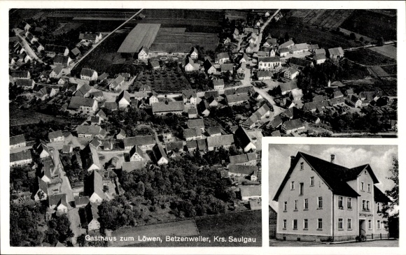 Postcard Betzenweiler in Upper Swabia Württemberg, aerial photograph, Gasthaus zum Löwen