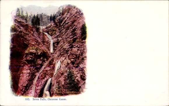 Ak Cheyenne Wyoming USA, Seven Falls, Watervallen, Bergen, Bos