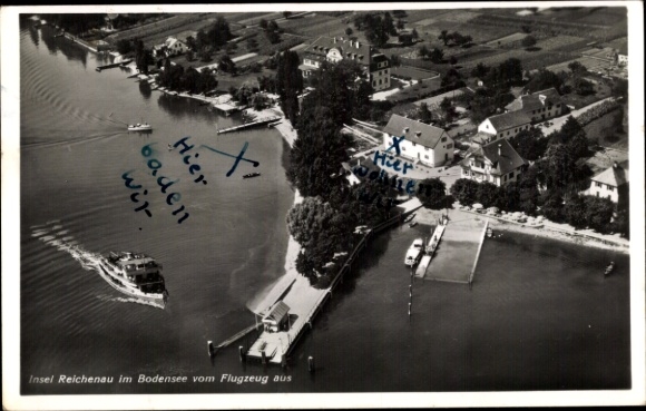Ak Insel Reichenau Bodensee, Flugzeugaufnahme