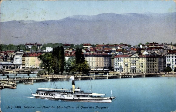 Postcard City of Geneva Switzerland, Pont du Mont-Blanc, Quai des Bergues