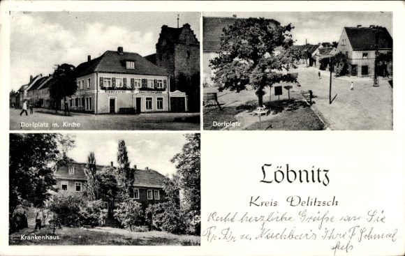 Ak Löbnitz District Delitzsch Saksen, dorpsplein, kerk, ziekenhuis