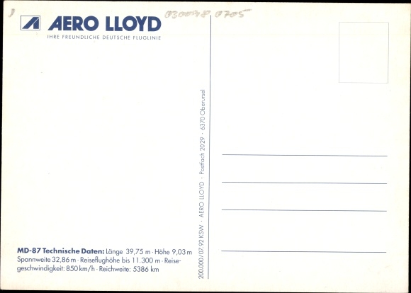 Postcard Passagierflugzeug Aero Lloyd, Mc Donnell Douglas MD 87