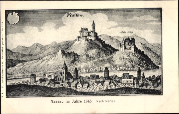 Artist Postcard Merian, Nassau an der Lahn, location in 1645