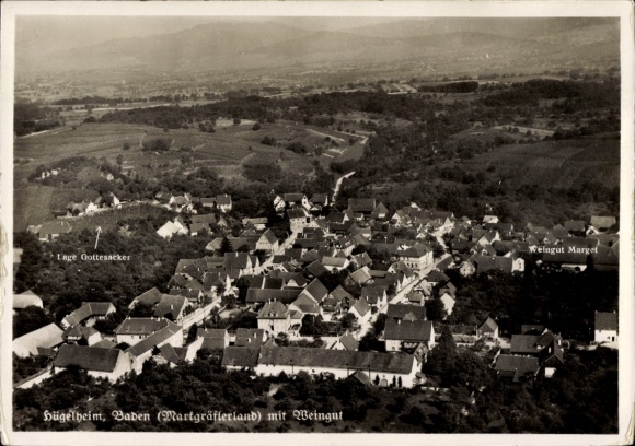 Postcard Hügelheim Müllheim, view of the village with winery, aerial photograph