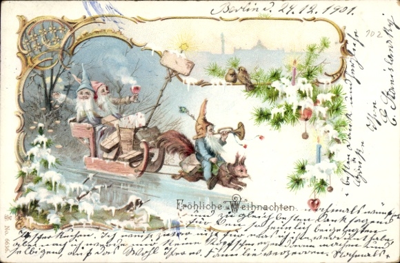 Chromo-Litho Congratulations Christmas, dwarves, sleigh ride