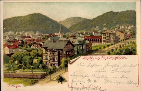 Artist Chromo-Litho Spindler, Erwin, Friedrichroda in the Thuringian Forest, panoramic view of the city