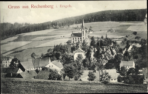 Ak Rechenberg Bienenmühle Erzgebirge, Blick über den Ort, Kirche, Wohnhäuser