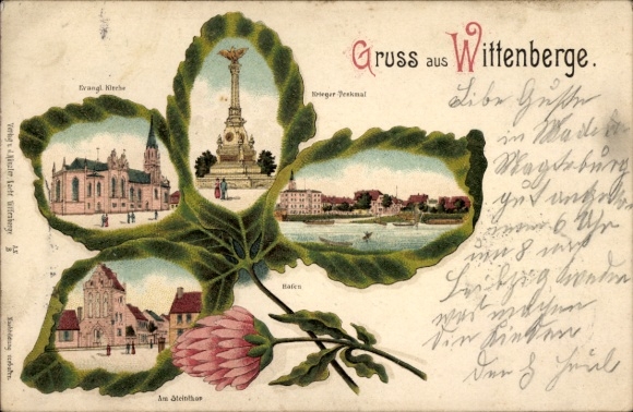 Kleeblatt Litho Wittenberge an der Elbe Prignitz, Kriegerdenkmal, Kirche, Steintor, Hafen