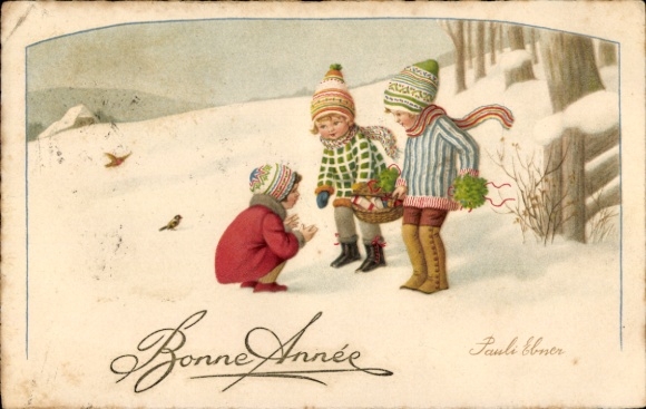 Kunstenaar Ak Ebner, P., Gelukkig nieuwjaar, kinderen, sneeuw, winter