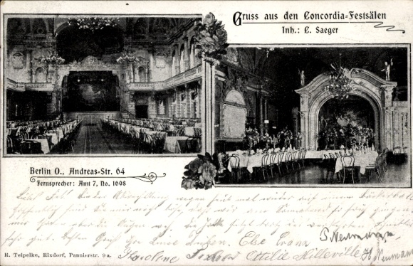 Postcard Berlin Friedrichshain, Concordia Festsäle, Andreasstraße 64