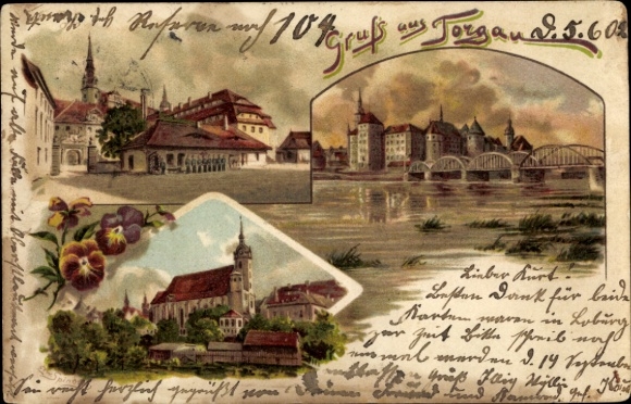 Artist Chromo-Litho Spindler, Erwin, Torgau Elbe, castle, church, bridge