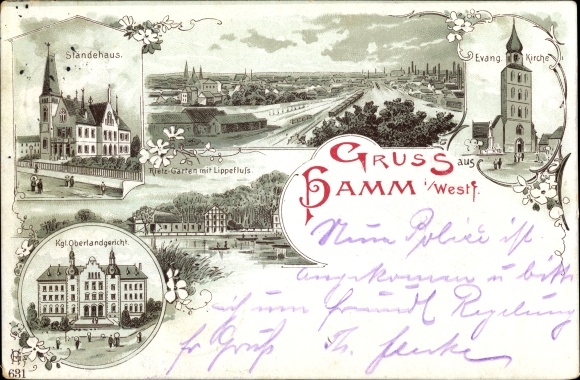 Chromo-Litho Hamm in Westphalia, Ev. Church, Estates House, Royal Higher Regional Court, Rietzgarten, Panorama